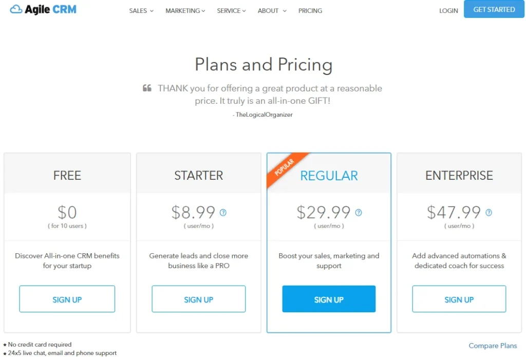 Agile CRM pricing page showing Free, Starter, Regular, and Enterprise plans in 2026