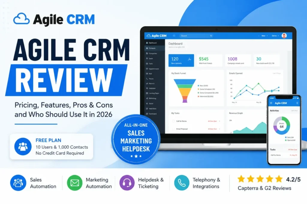 Agile CRM review 2026 featured image showing CRM dashboard, pricing, sales automation, marketing automation, and helpdesk features