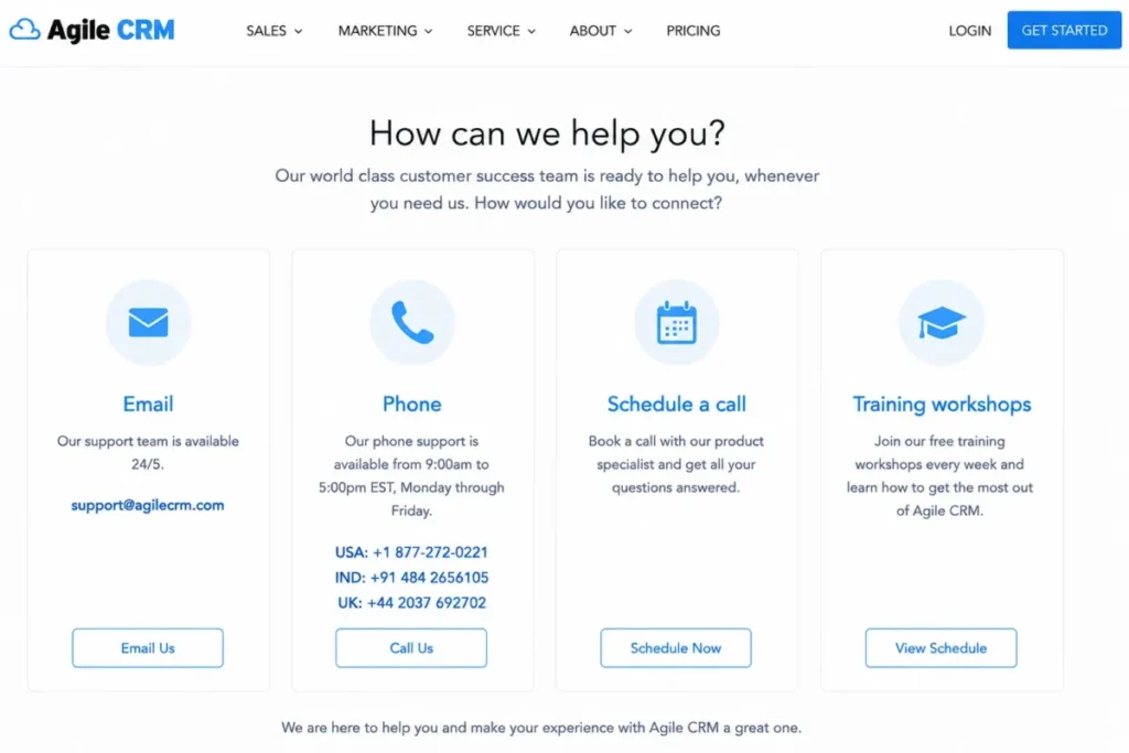 Agile CRM support page showing email, phone, scheduled call, and training workshop options