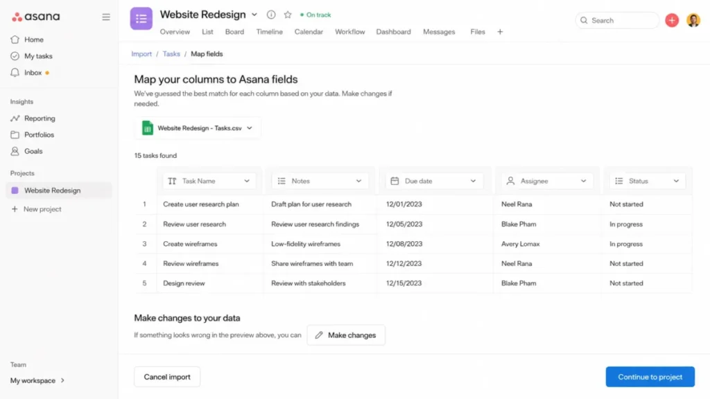 Asana CSV import preview showing mapped Task Name, Notes, Due date, Assignee, and Status fields.