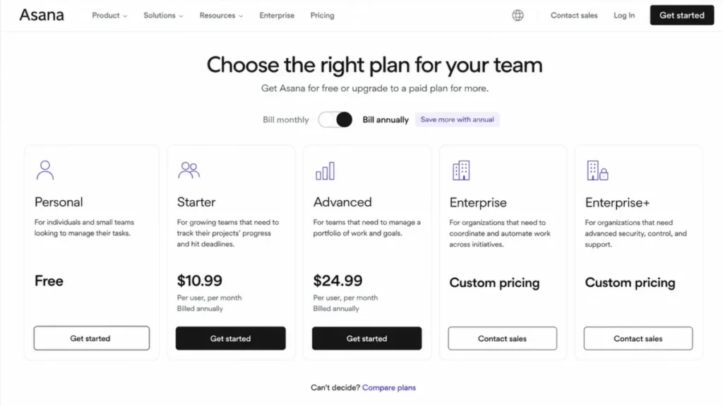 Asana pricing page showing five plan cards with annual billing selected, including Personal, Starter, Advanced, Enterprise, and Enterprise+.