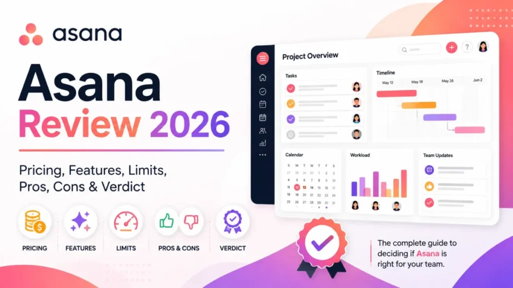 Asana Review 2026 featured image showing pricing, features, limits, pros, cons, and verdict.