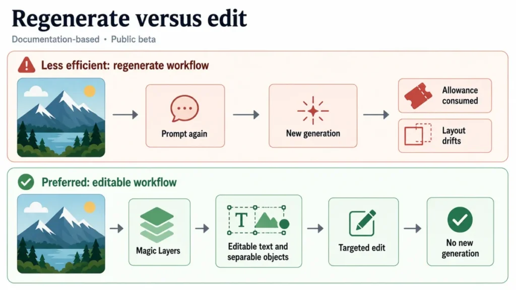 Two-path Canva AI workflow diagram comparing regenerate versus edit with Magic Layers