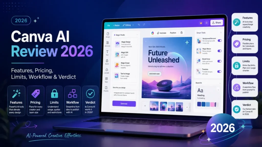 Alt: Canva AI Review 2026 featuring AI design tools, pricing, limits, workflow, and verdict
