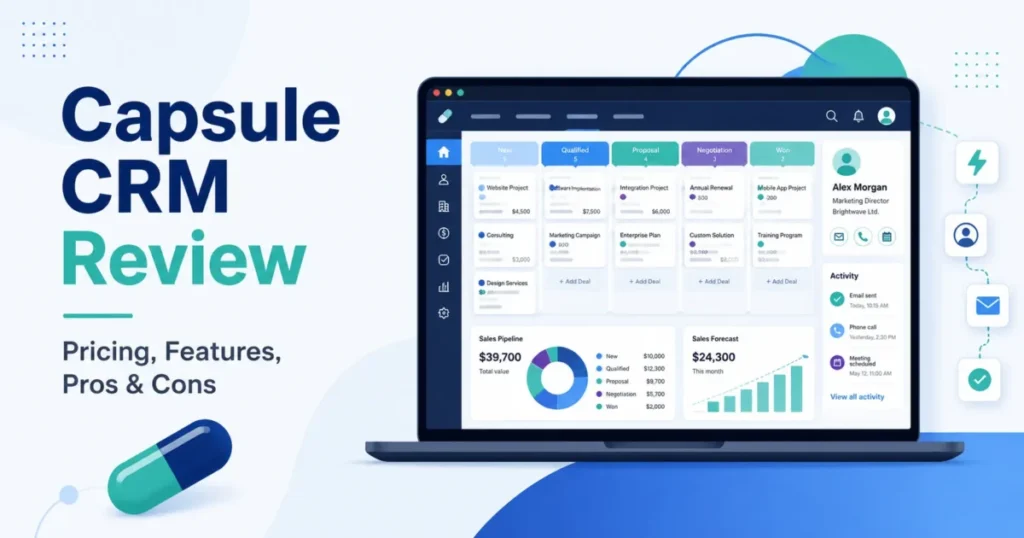 Capsule CRM Review featured image showing pricing, features, pros and cons with a visual sales pipeline dashboard