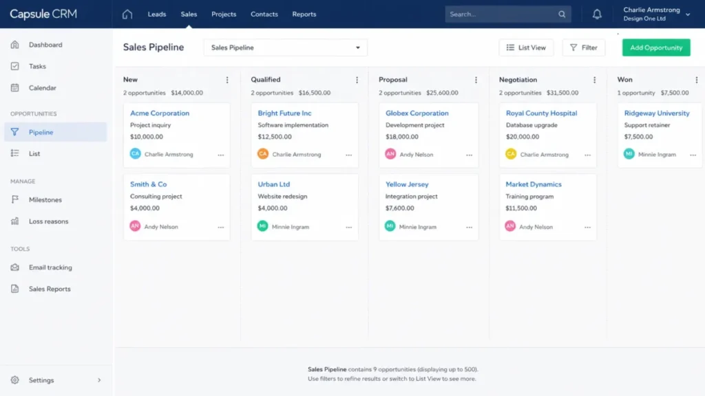 Capsule CRM sales pipeline Kanban board with opportunity cards, milestone columns, filters, and List View controls