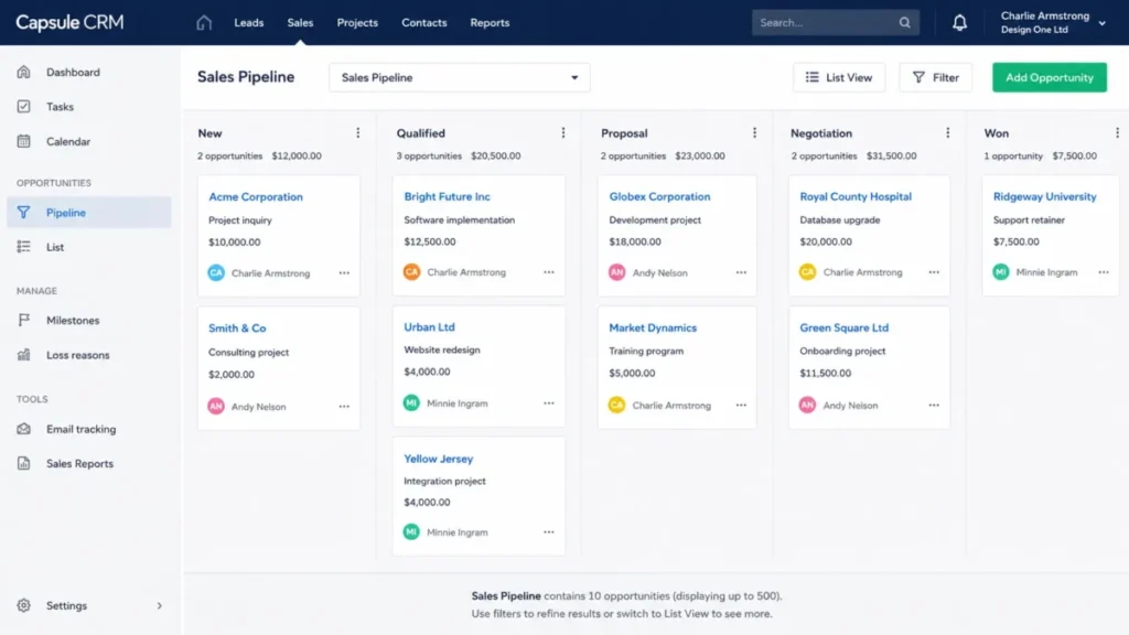 Capsule CRM sales pipeline Kanban board showing opportunity cards, milestone stages, Filter, and List View controls