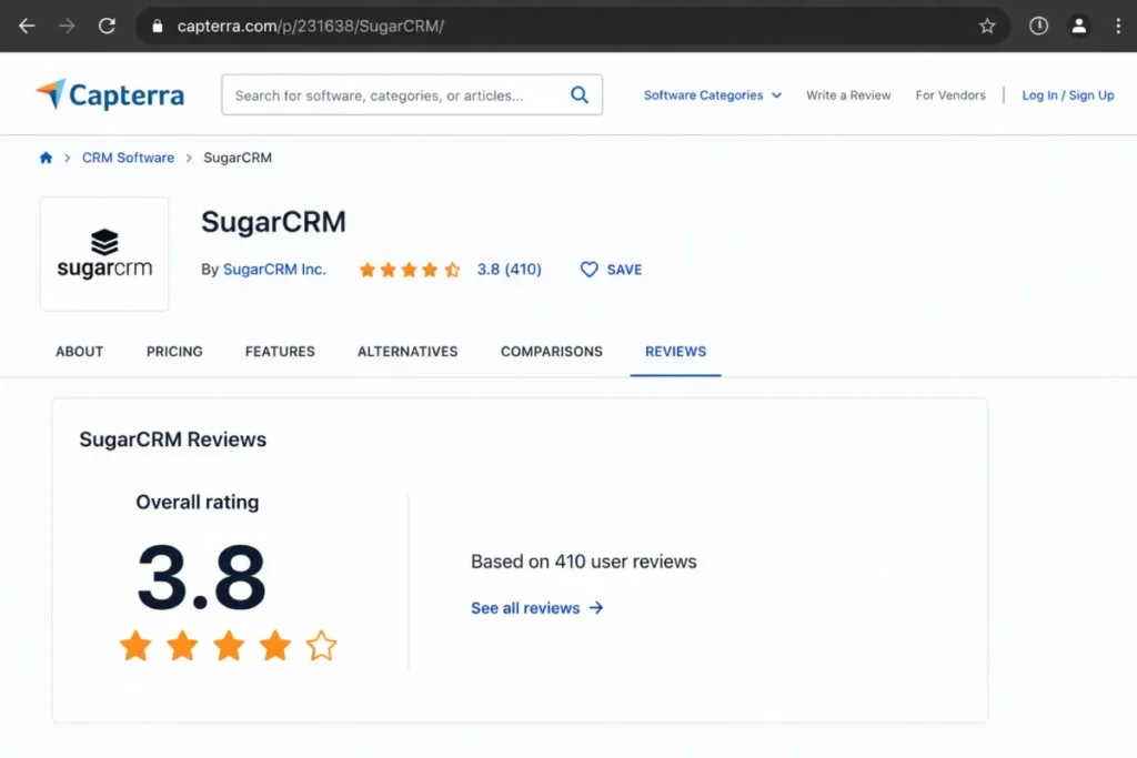 Capterra SugarCRM rating summary showing a 3.8 score from 410 user reviews