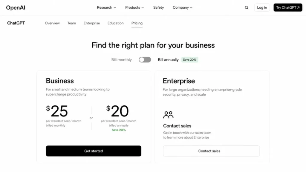 ChatGPT pricing page showing the Business and Enterprise plan section with seat-based pricing and contact sales option