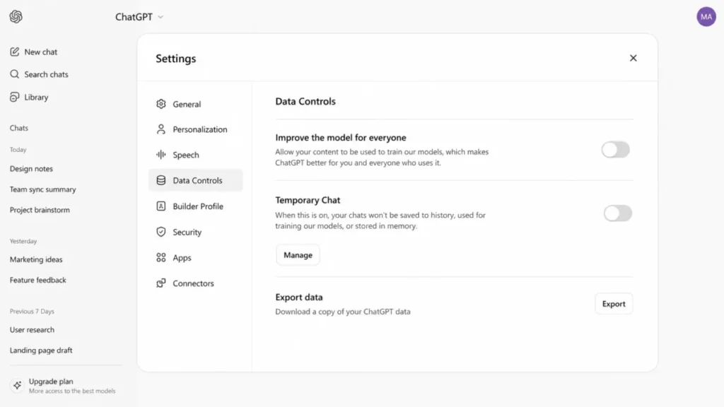 ChatGPT Settings Data Controls screen showing the model training preference and Temporary Chat controls