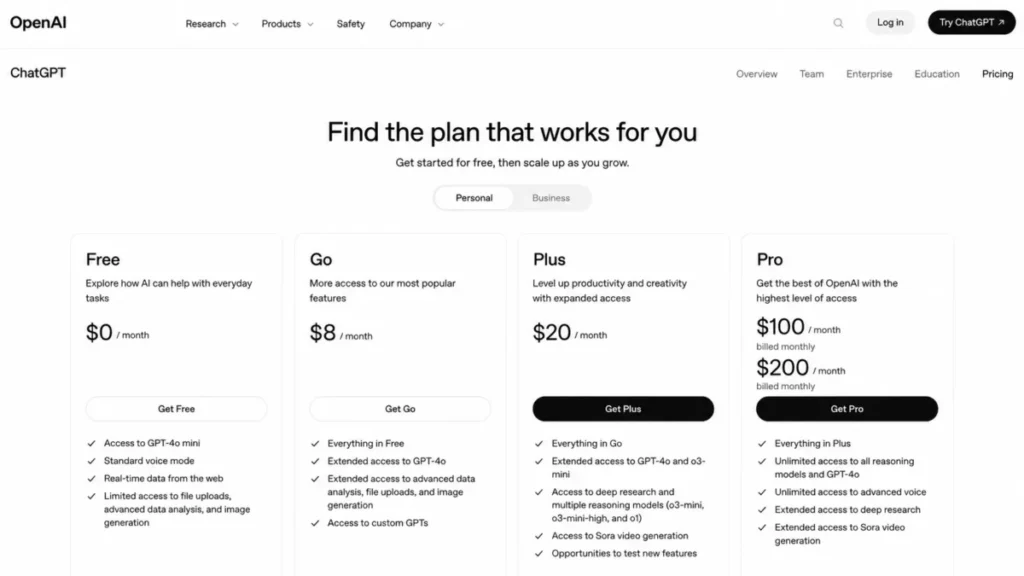 ChatGPT pricing page showing Free, Go, Plus, and Pro plans with monthly pricing