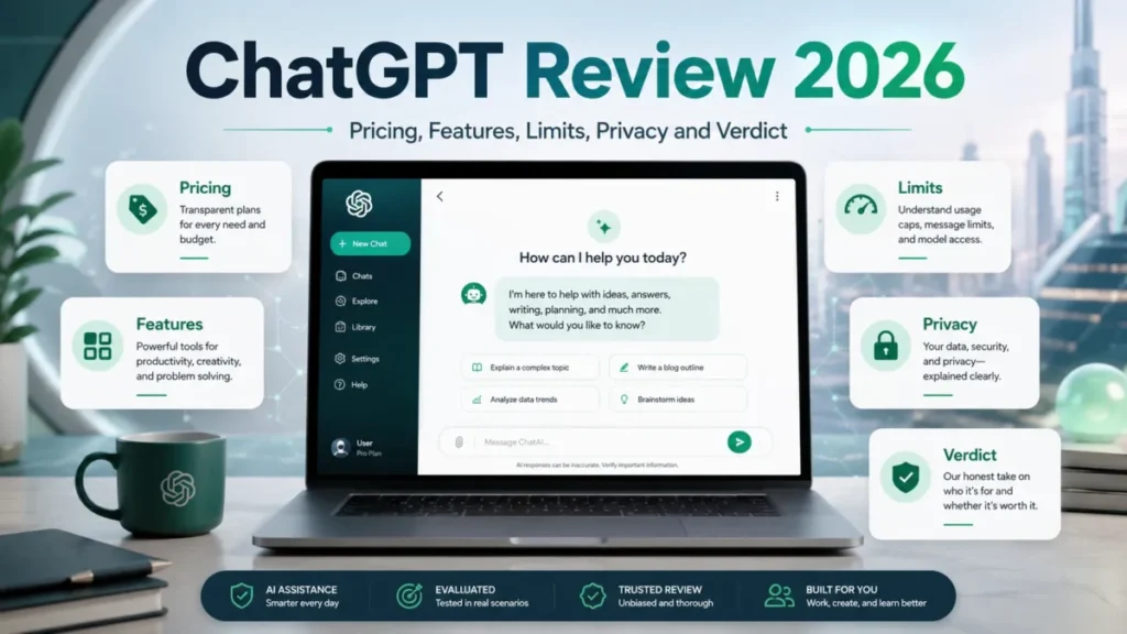 ChatGPT Review 2026 featured image covering pricing, features, limits, privacy, and verdict