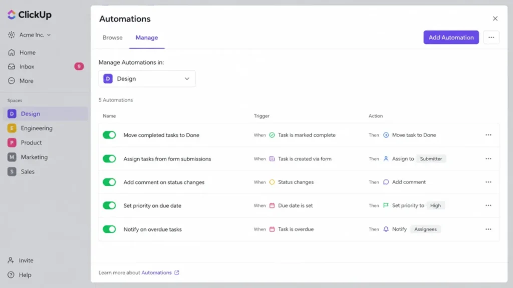ClickUp Automations Manage tab showing location-specific automation rules in 2026