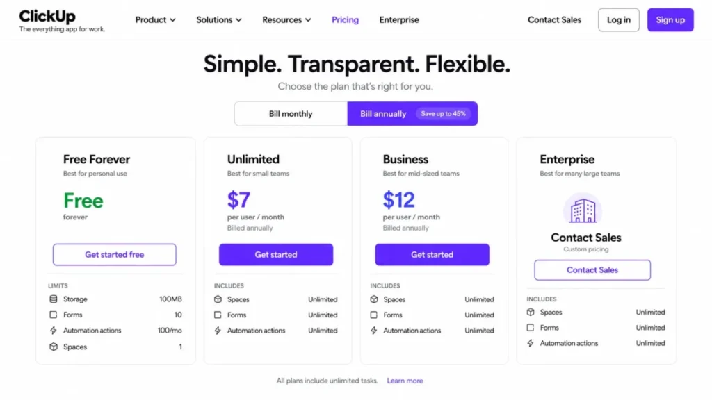 ClickUp pricing plans and per-user annual prices in 2026