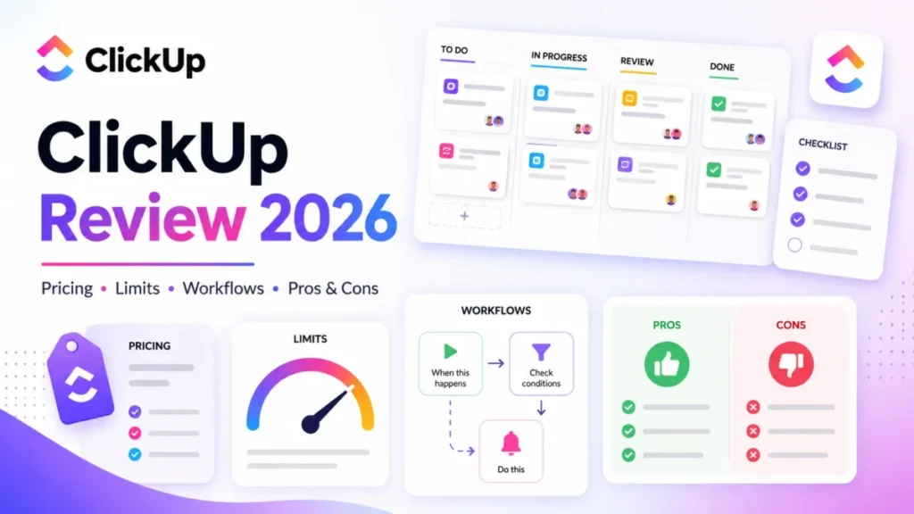 ClickUp Review 2026 featured image highlighting pricing, limits, workflows, task boards, and pros and cons.