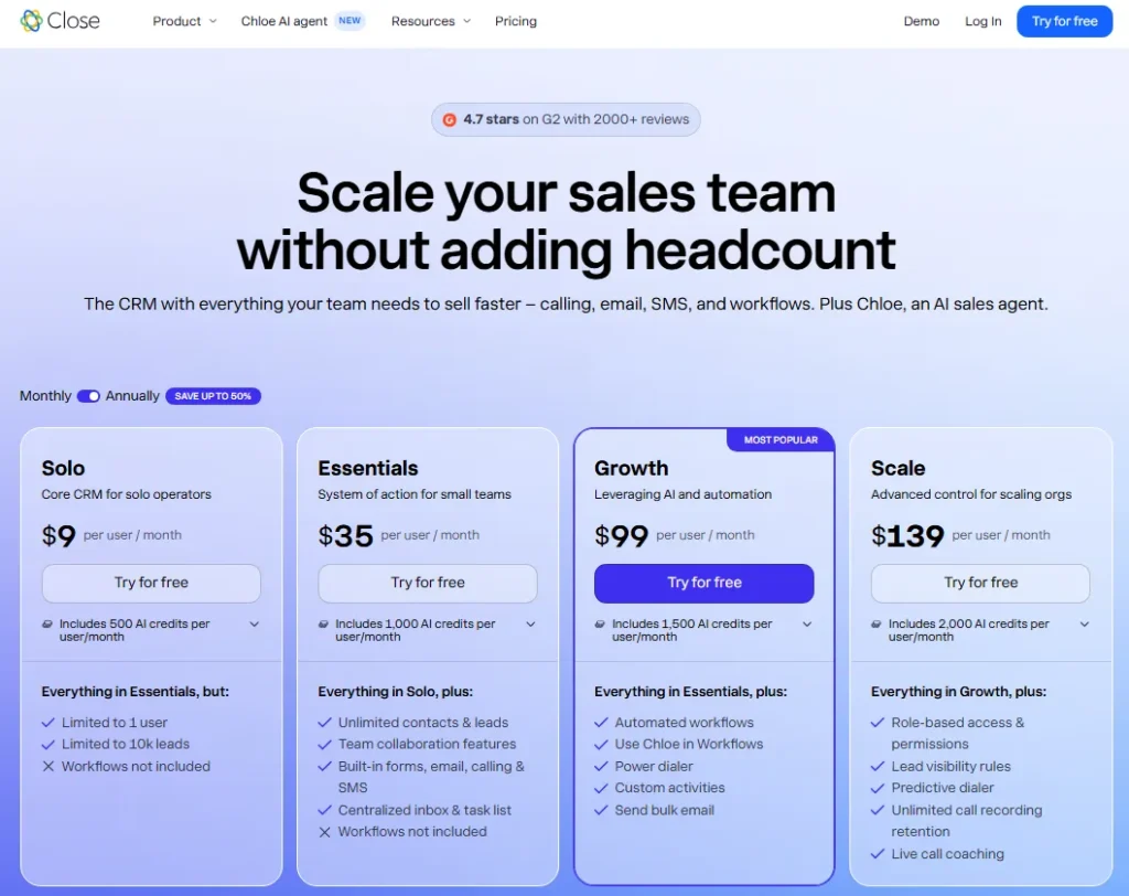 Close CRM pricing plans for Solo, Essentials, Growth, and Scale in 2026