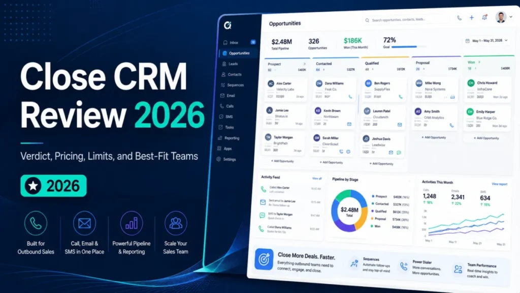 Close CRM Review 2026 featured image showing pricing, limits, outbound sales tools, pipeline management, and best-fit teams.