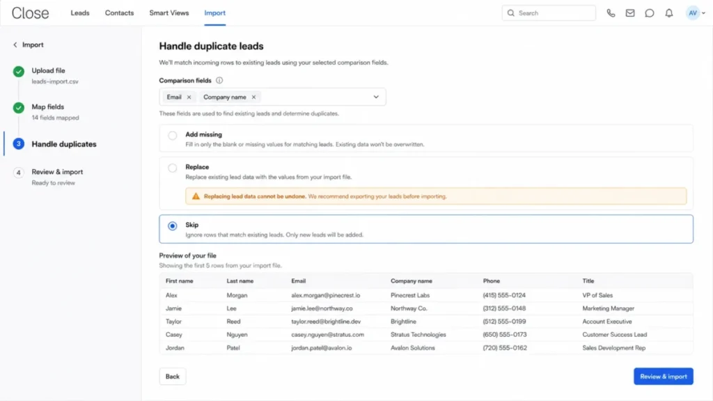 Close import flow showing duplicate lead handling with comparison fields and add missing, replace, and skip options.