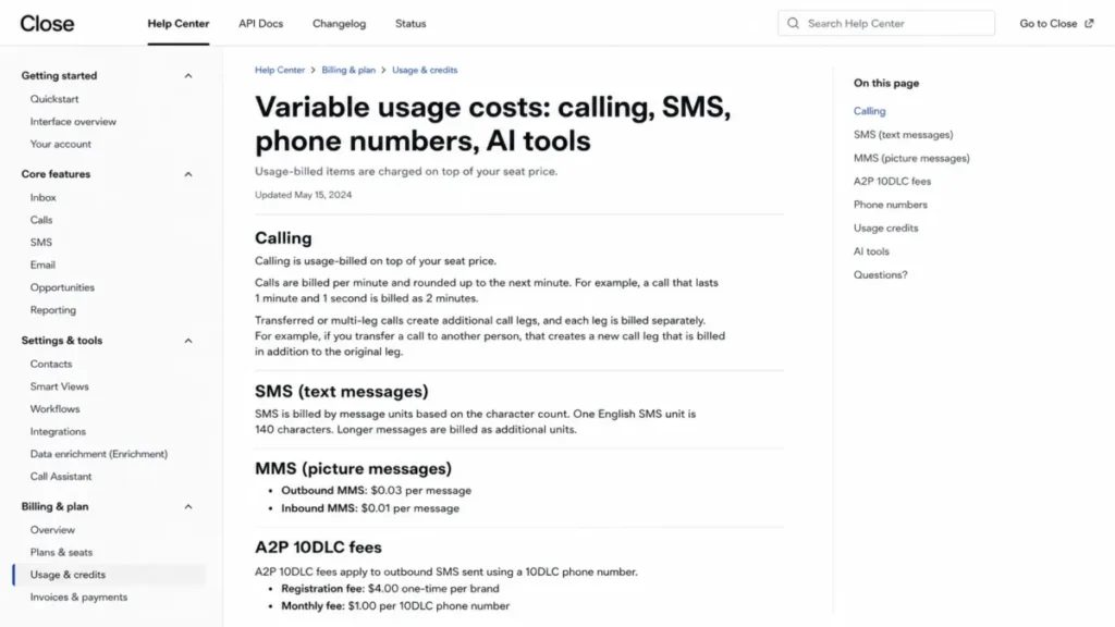Close Help Center article showing variable usage costs for calling, SMS, MMS, and A2P 10DLC fees.