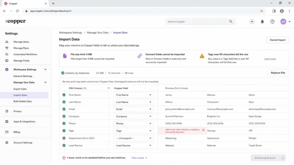 Copper CRM import field-mapping screen showing an unmapped field and a tag validation error