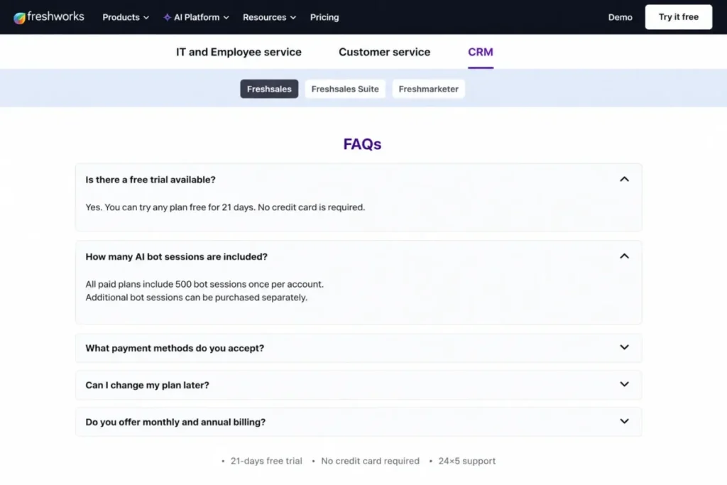 Freshsales pricing FAQ showing the 21-day free trial and 500 included AI bot sessions