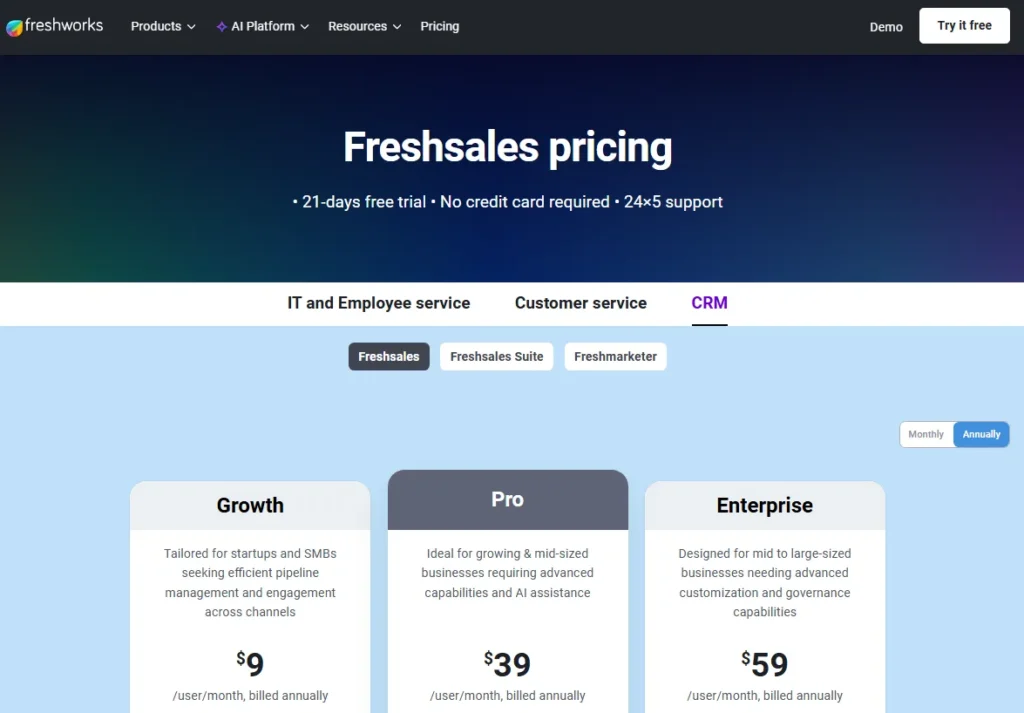 Freshsales pricing page showing Growth, Pro, and Enterprise annual plans in 2026