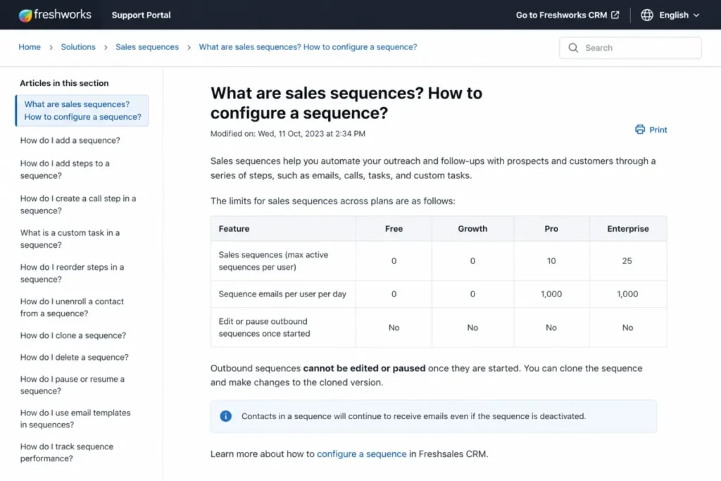 Freshsales support article showing sales sequence limits by plan and outbound sequence restrictions