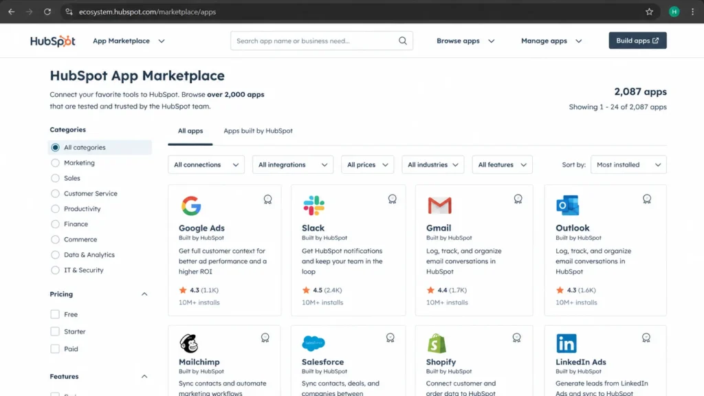 HubSpot App Marketplace listing page showing app category filters, search bar, and integration cards for HubSpot apps.