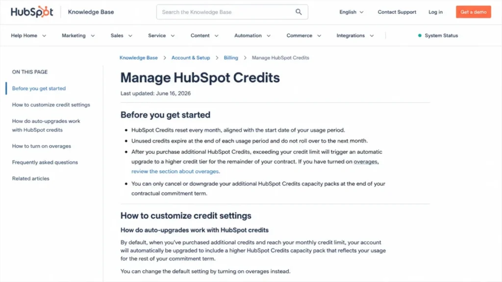 HubSpot Credits billing documentation showing monthly reset, no rollover, and automatic capacity pack upgrades