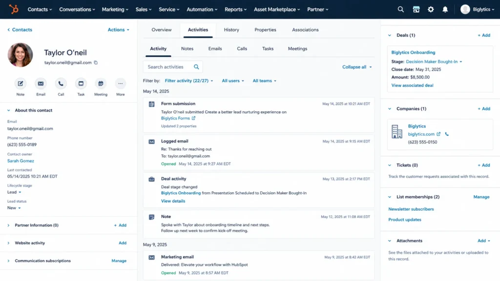 HubSpot CRM contact record timeline showing form submission, logged email, deal activity, and marketing email on one shared customer record.