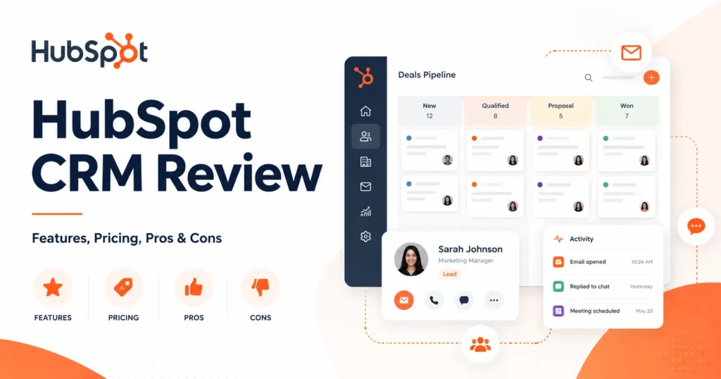 HubSpot CRM Review featured image showing a CRM dashboard, deals pipeline, contact card, and activity panel.