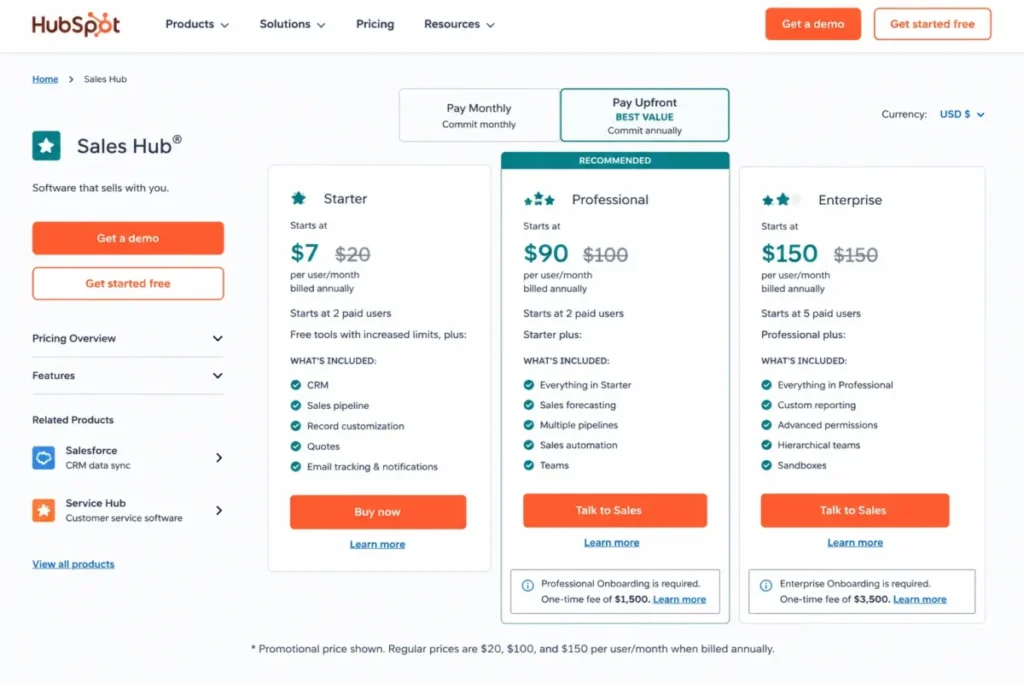 HubSpot Sales Hub pricing showing Starter at $7 promotional, Professional at $90, and required onboarding fees