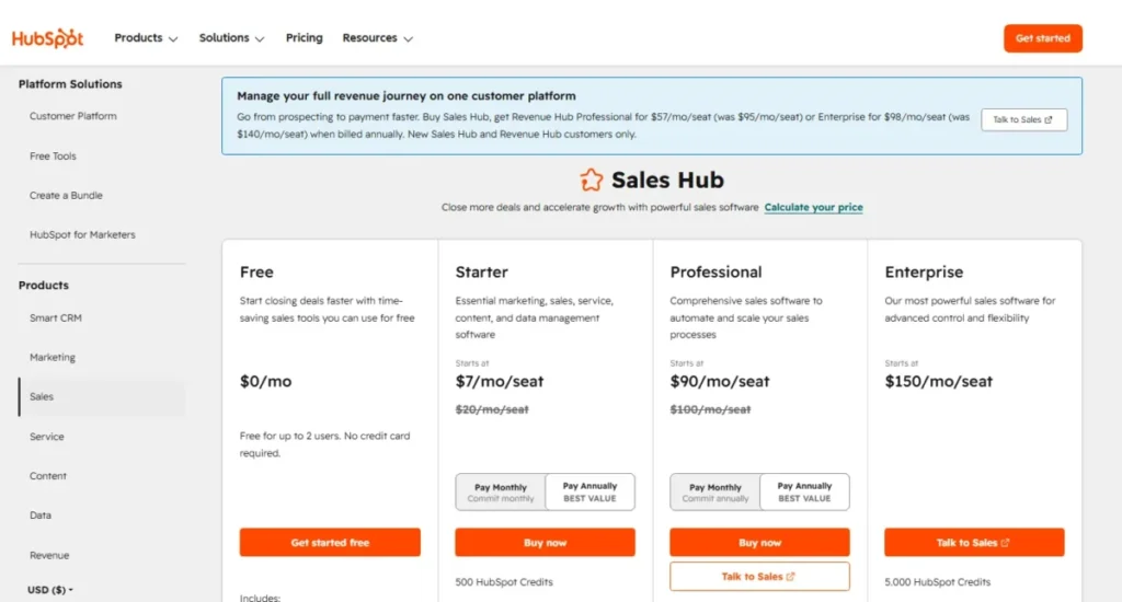 HubSpot Sales Hub pricing showing Free, Starter, Professional, and Enterprise plans with annual billing