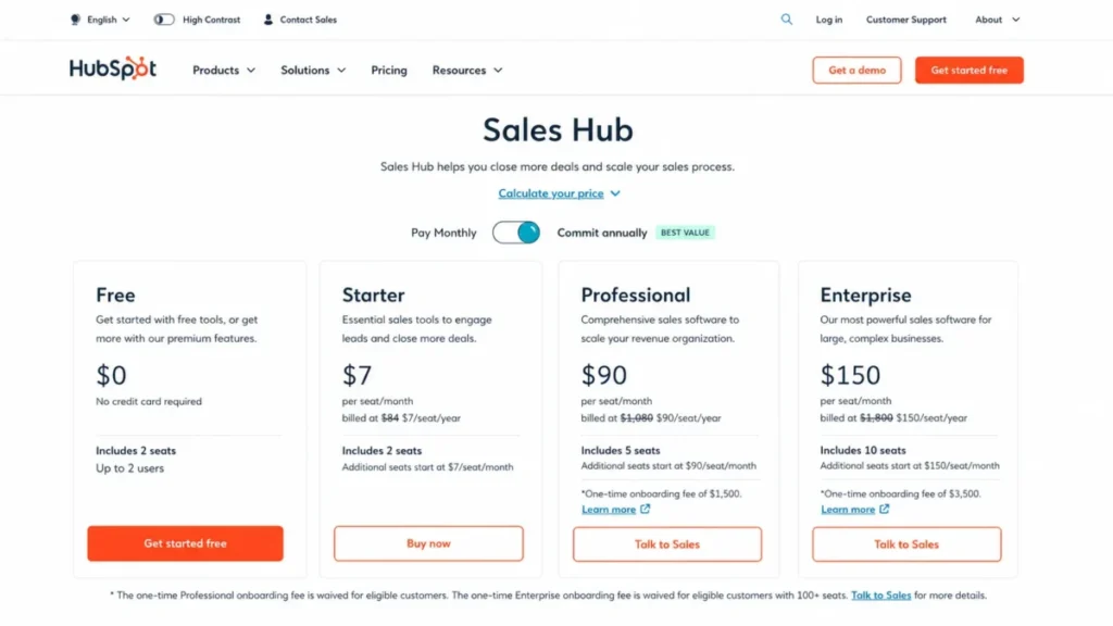 HubSpot Sales Hub pricing plans showing Free, Starter, Professional, and Enterprise tiers