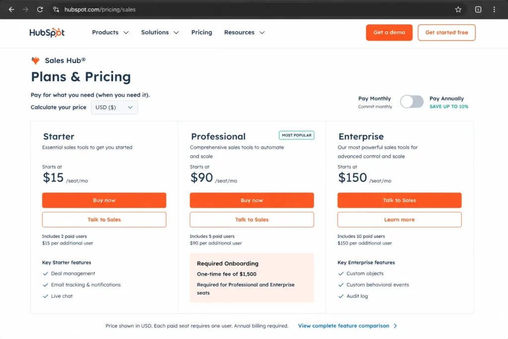 HubSpot Sales Hub pricing page showing the Professional plan at $90 per seat per month and the required $1,500 onboarding fee.