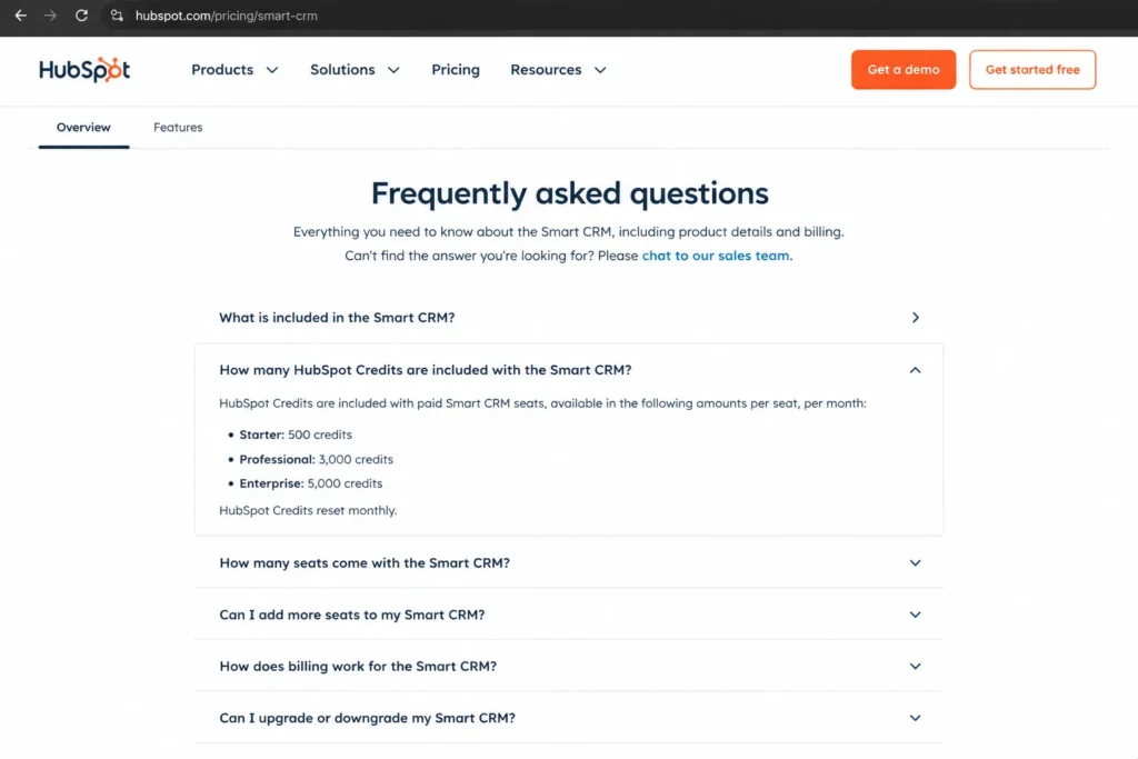 HubSpot Smart CRM pricing FAQ showing included HubSpot Credits for Starter, Professional, and Enterprise plans.