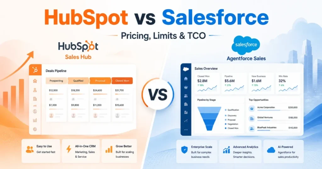 HubSpot vs Salesforce comparison showing Sales Hub and Agentforce Sales dashboards, pricing, limits, and TCO