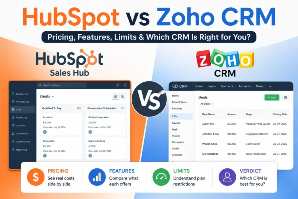 HubSpot Sales Hub vs Zoho CRM comparison covering pricing, features, limits, and buyer fit