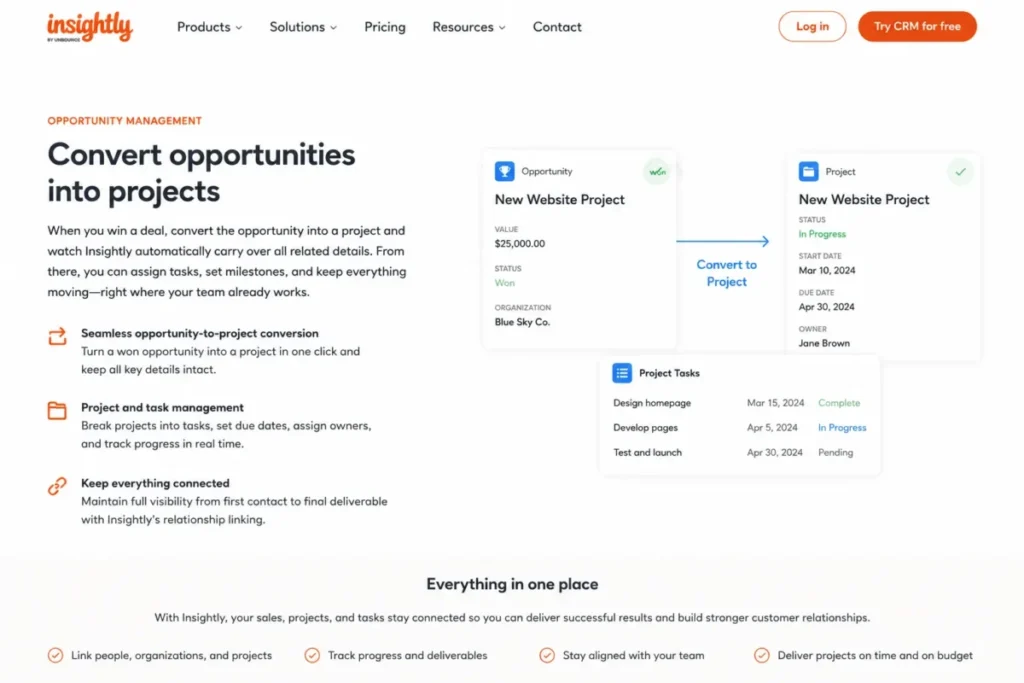 Insightly CRM opportunity management page showing won opportunity converted into a project