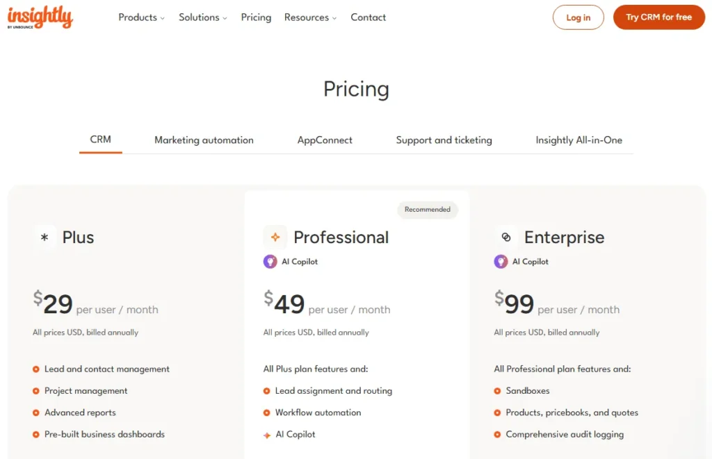 Insightly CRM pricing page showing Plus, Professional and Enterprise plans with USD annual billing