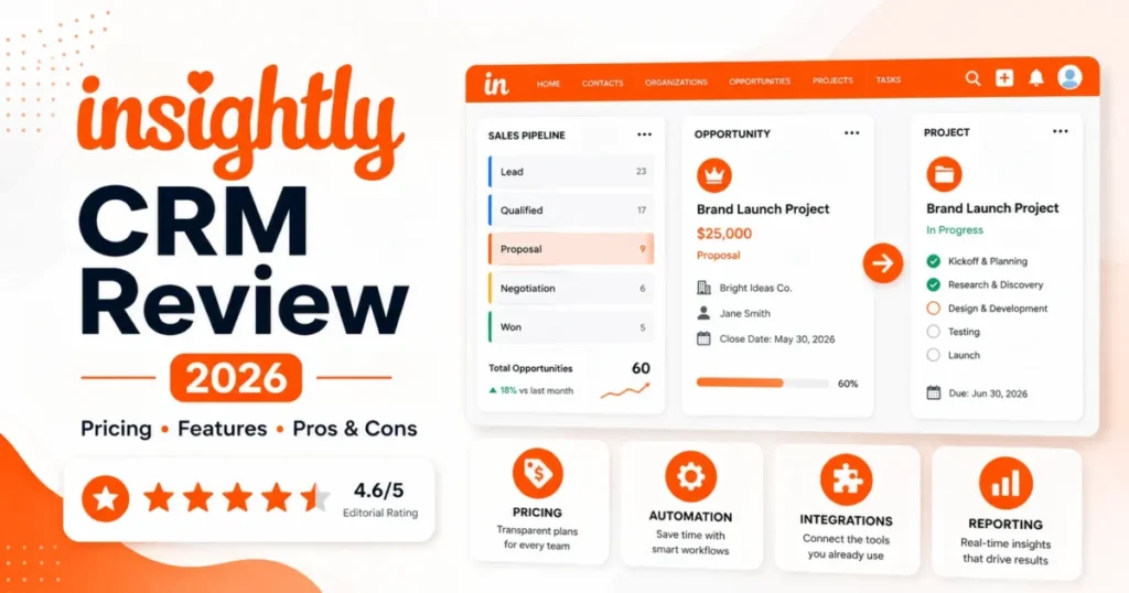 Insightly CRM Review 2026 featured image showing pricing, features, automation, integrations, reporting and project workflow