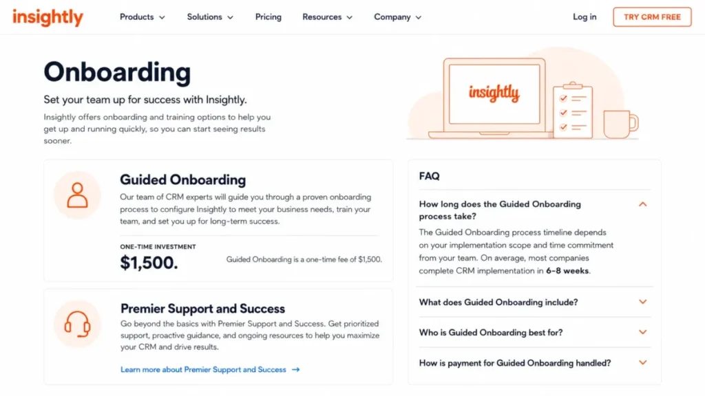 Insightly Guided Onboarding page showing $1,500 onboarding price and 6-8 week implementation timeline