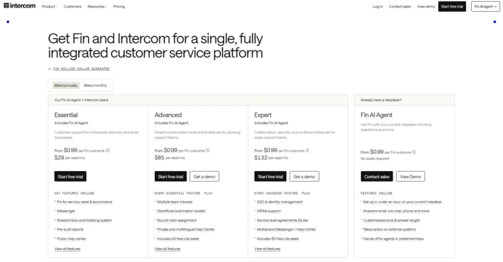 Intercom Review 2026 showing Essential, Advanced, Expert and Fin AI Agent pricing