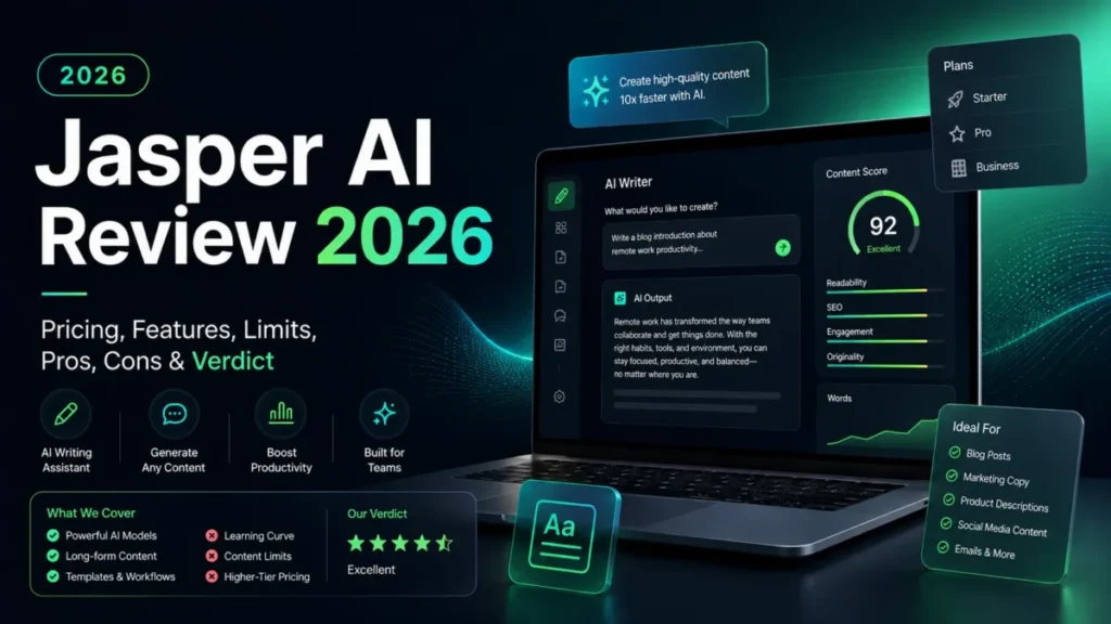 Jasper AI Review 2026 featured image covering pricing, features, limits, pros, cons, and verdict