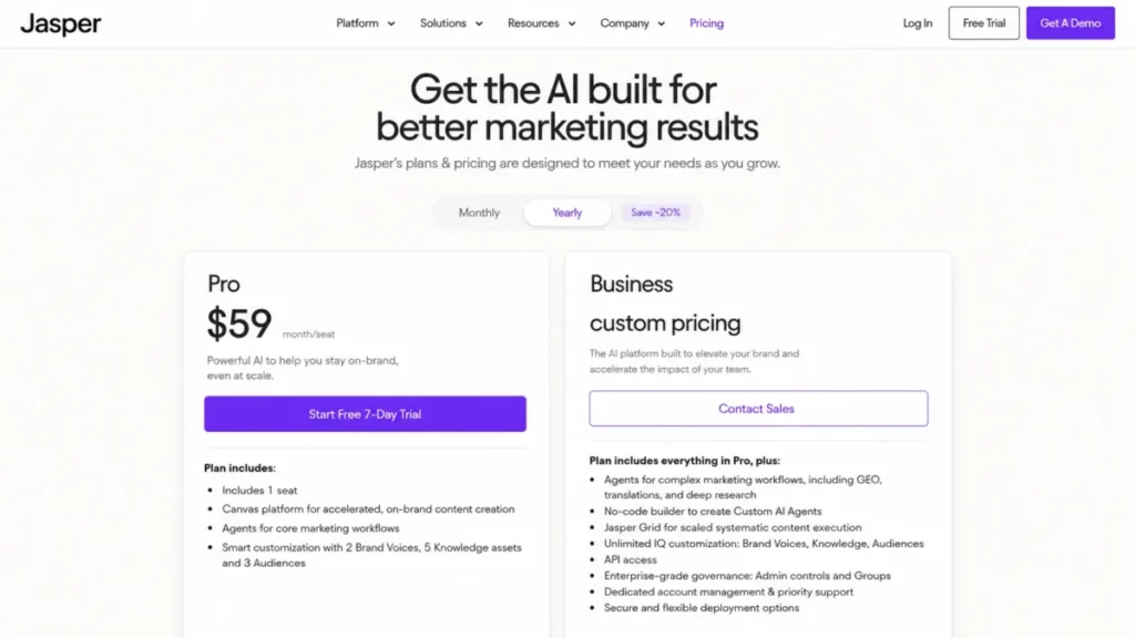 Jasper pricing page showing Pro at $59 per month per seat billed yearly and Business custom pricing