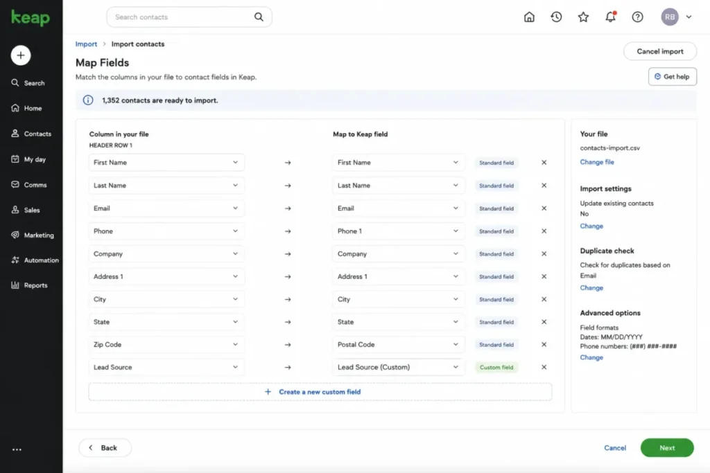 Keap contact import field-mapping screen showing CSV columns matched to standard and custom CRM fields