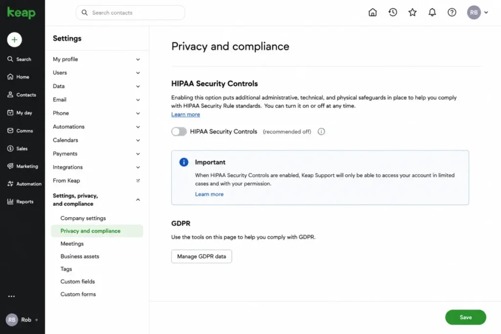 Keap Privacy and Compliance settings showing the HIPAA Security Controls toggle disabled by default
