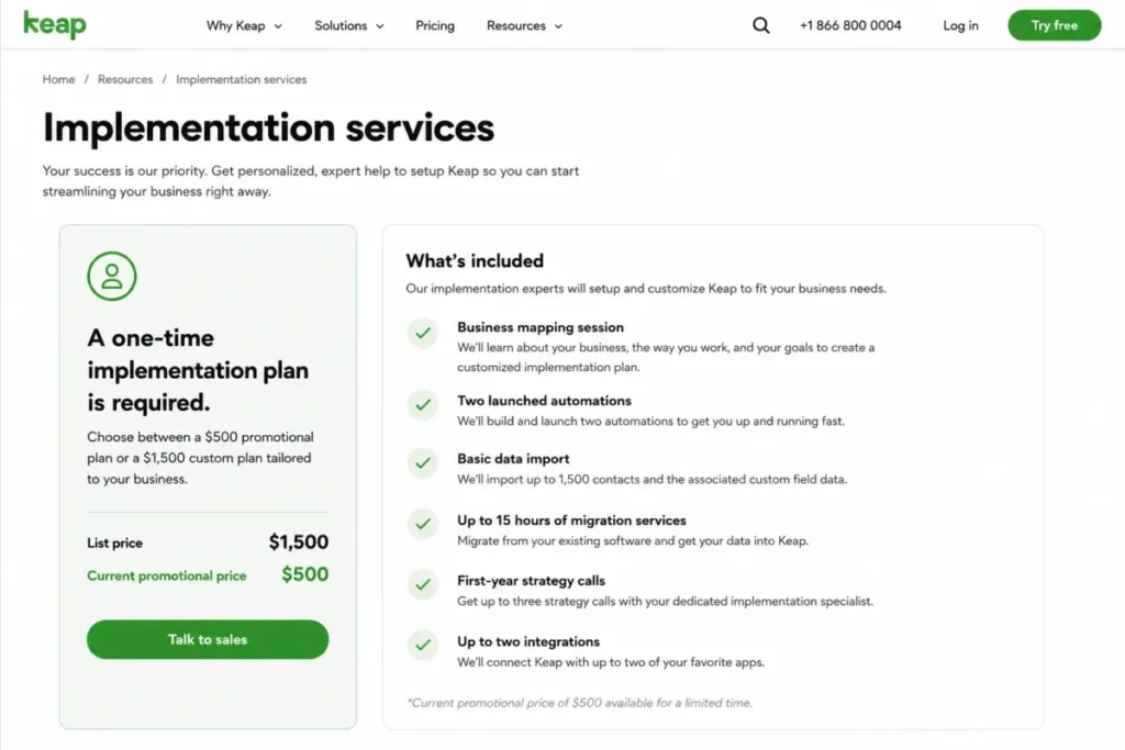 Keap implementation services showing the $500 promotional price, $1,500 list price, and included setup services