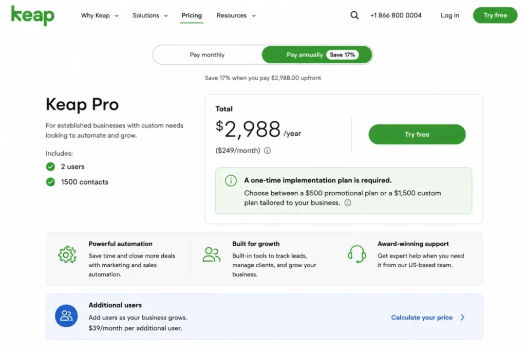 Keap annual pricing showing $2,988 yearly cost, two included users, and required implementation