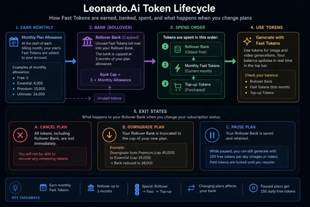 Leonardo.Ai Fast Token lifecycle showing monthly allowance, rollover bank, spending order, and effects of canceling, downgrading, or pausing a plan.